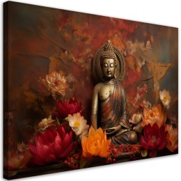 Obraz na płótnie, Medytuący Budda i kolorowe kwiaty - 90x60