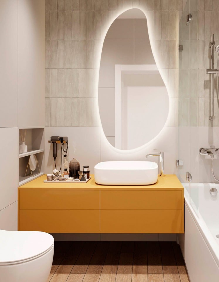 podświetlane lustro i wąskie płytki