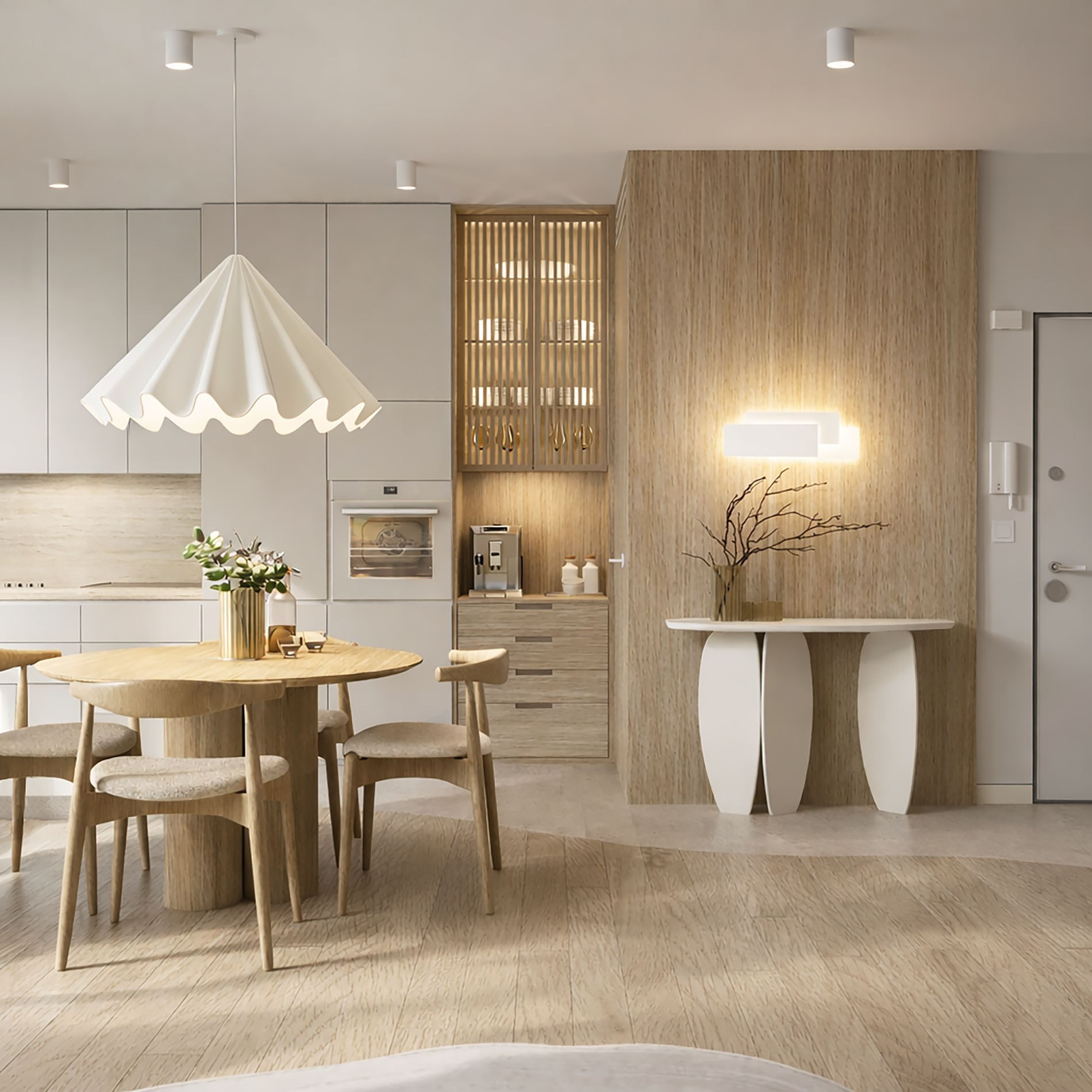wizualizacja salonu w stylu japandi, projekt Estilo Design